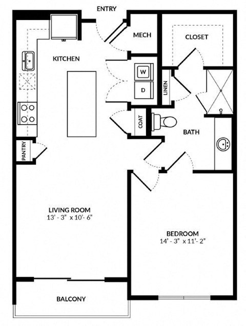 Floor plan for 1 bed, 1 bath, 766 sqft